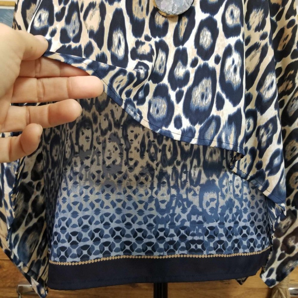 Top, Blouse. Blue, Tan, White, Animal Print. Chico's Brand. Size 0. - Picture 6 of 14